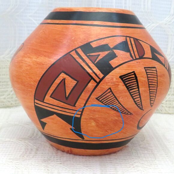 Vintage Orange Handpainted Mexican Pottery with Handpainted Hopi Style Design - Picture 9 of 10